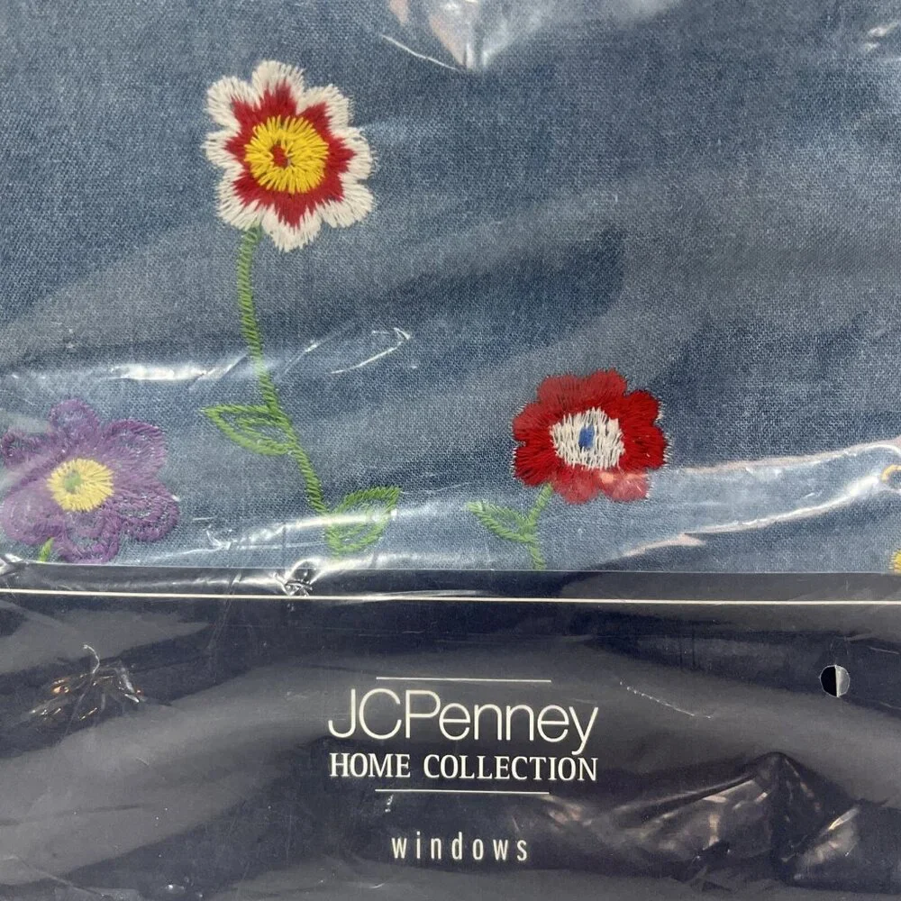 JC Penny Home Denim Valance Floral Embroidered Tab Top‎ 50x14 Boho Hippie